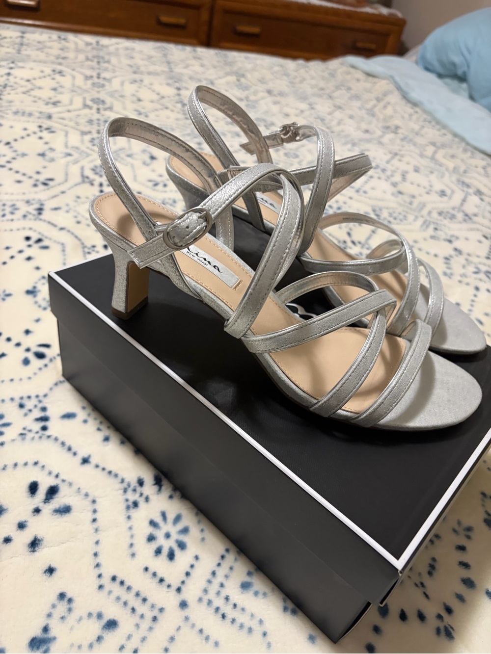 Nina Silver Strappy Mid Heel Sandals